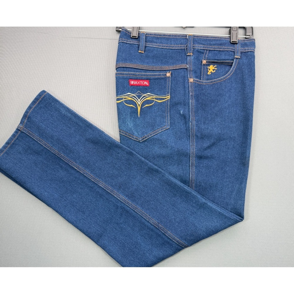 Braxton Vintage Stretch Jeans Dark Wash Embroidered Pockets Lion Men's 36x32